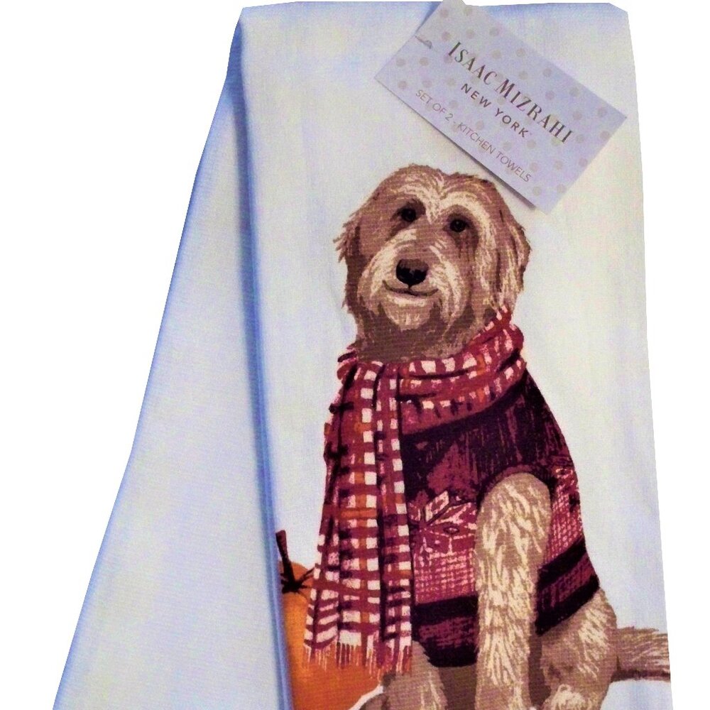 Isaac Mizrahi 2 Pc. Kitchen Towel Set Autumn Fall Dog in Scarf with Pumpkin